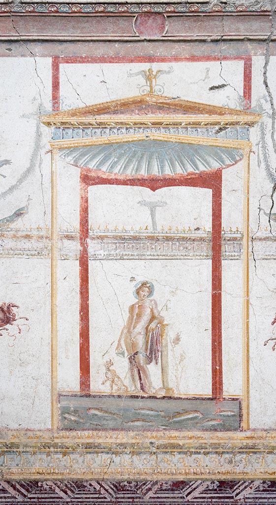 IX.12.A/IX.12.9 Pompeii. July 2024.
Room 18, upper west wall with central painting of Dionysus. Photo courtesy of Johannes Eber.
