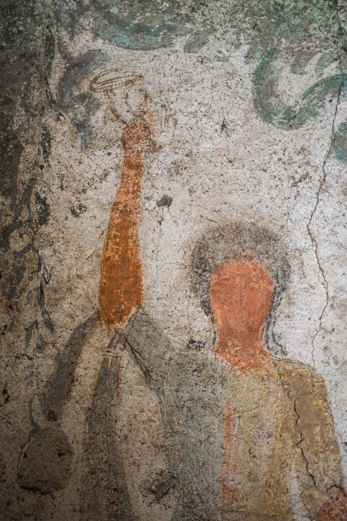 IX.13.1-3 Pompeii. October 2021. 
Room 21, detail from lararium. Photo courtesy of Johannes Eber.
