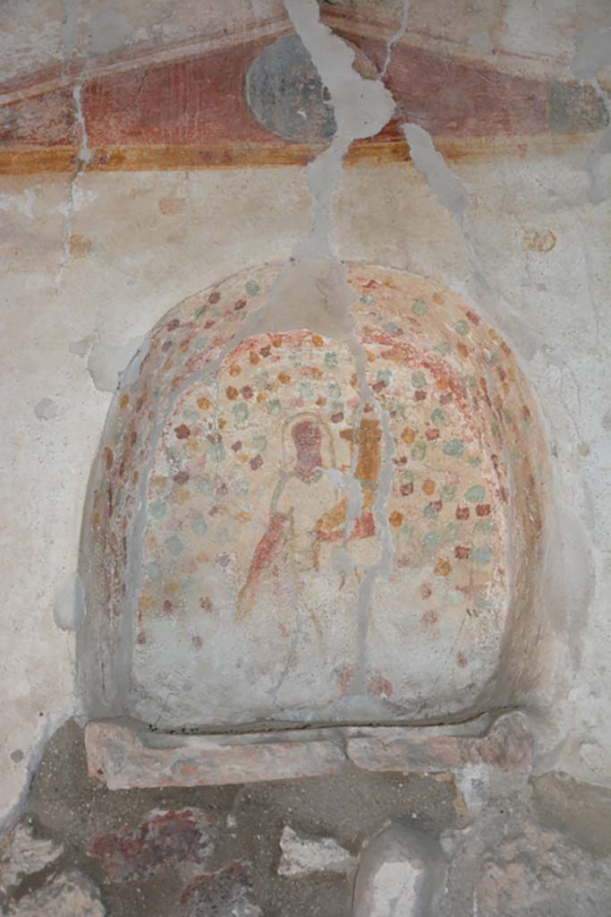 IX.14.4 Pompeii. September 2019. 
Kitchen 18, detail of painted niche of lararium set into south wall.
Foto Annette Haug, ERC Grant 681269 DÉCOR.

