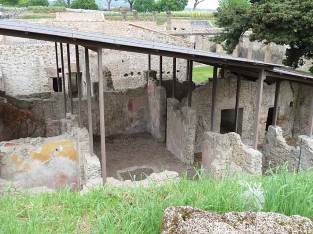 IX.14.c Pompeii. May 2010. Looking north across Tuscan atrium, room 2 and impluvium (a), rear rooms and garden area, 3. The atrium formed a rectangle placed transversely across the house in relation to the fauces. A square impluvium (a) was found, consisting of a simple groove in the floor, which was of opus signinum. The walls of the atrium had a black lower plinth, with alternate large red and black decorations, and a red frieze with architectural motifs.