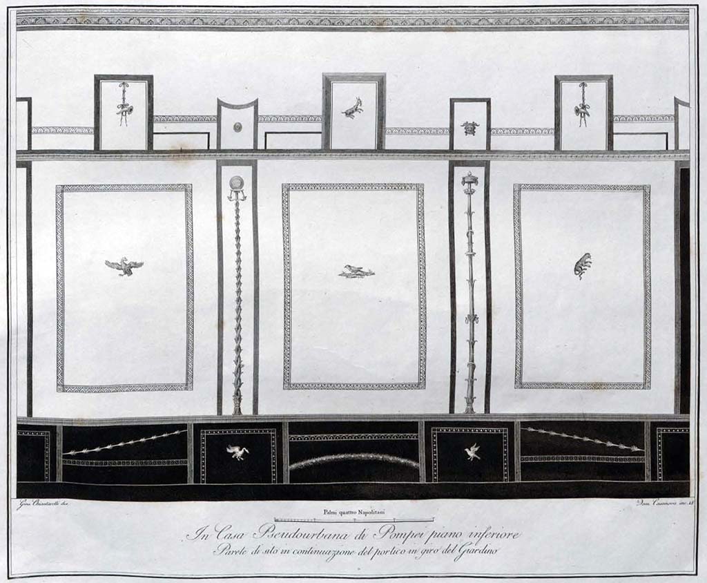 HGW24 Pompeii. Wall in corridor 5 a, the continuation of the portico of the garden. 
Drawing by Giuseppe Chiantarelli, engraved by Casanova.
See Gli Ornati delle Pareti ed I Pavimenti delle Stanze dell’Antica Pompei, 1838, (No.18).
(Villa Diomedes Project – area 46).
(Fontaine, corridor 5a, on the right would be the different decoration of the wall of the portico 5b, which had black, yellow and red decoration).

