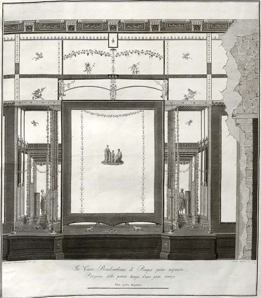 HGW24 Pompeii. 1790. Drawing by Gius. Chiantarelli, engraved by Lamberti.
South wall of large room on lower floor at garden level, with painting in centre of middle panel showing a seated man, with woman and young person. 
See Gli Ornati delle Pareti ed I Pavimenti delle Stanze dell’Antica Pompei, 1838, tav. 4.
(Villa Diomedes Project – area 53).
(Fontaine, room 5,5, decoration from south wall, with doorway from corridor 5,3 on right).
