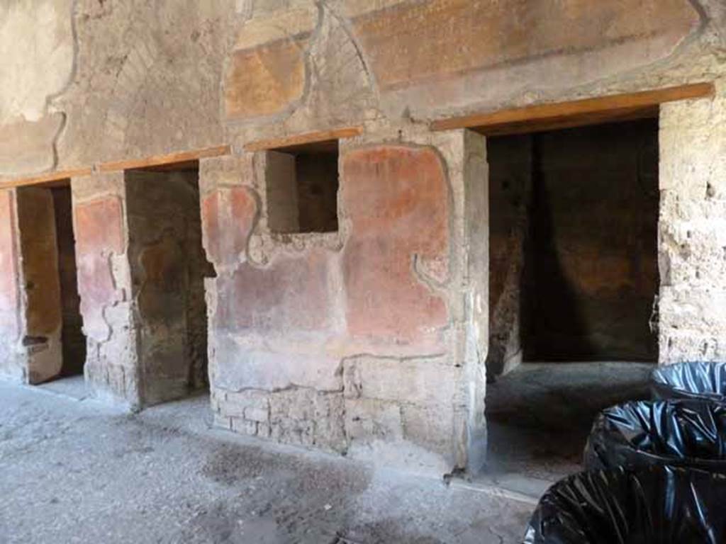 Villa of Mysteries, Pompeii. May 2010. Looking south along peristyle A at doorways to rooms 19, 20 and 21.