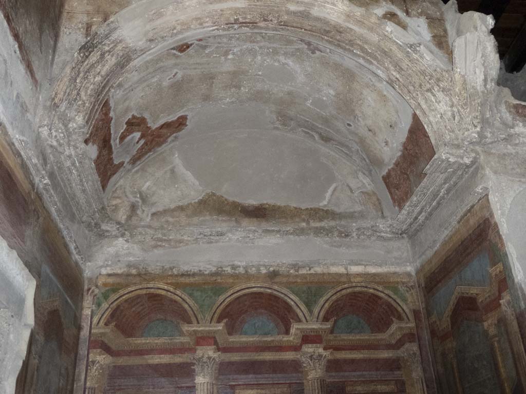 Villa of Mysteries, Pompeii. November 2023. 
Room 16, looking across mosaic flooring towards east wall and bed recess. Photo courtesy of Giuseppe Ciaramella.
