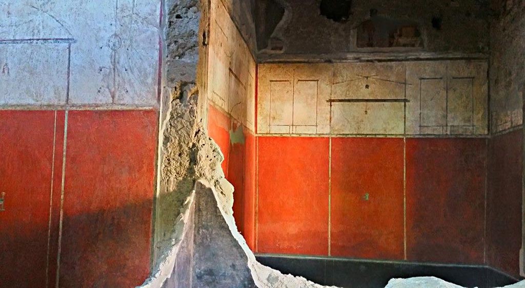 Villa of Mysteries, Pompeii. May 2015. Looking east from passage 13 towards room 14, on left, and room 11, on right. Photo courtesy of Buzz Ferebee.

