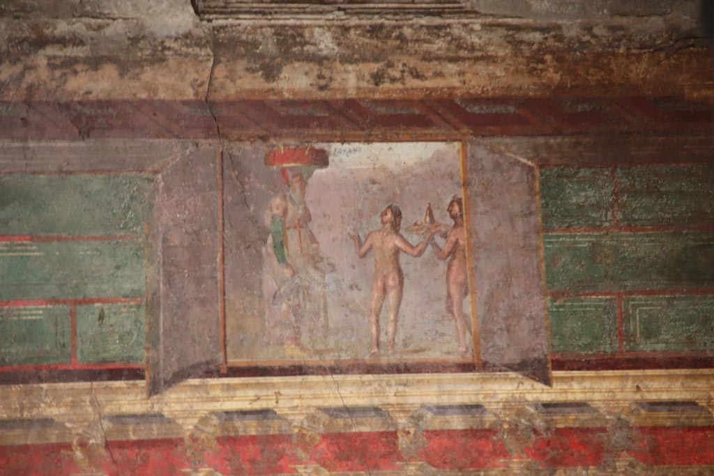 Villa of Mysteries, Pompeii. November 2017. 
Room 4, looking towards west wall in north-west corner.
Foto Annette Haug, ERC Grant 681269 DÉCOR.
