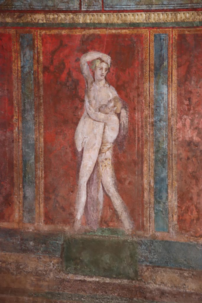 Villa of Mysteries, Pompeii. May 2010. Room 4, wall painting of Dionysus and Silenus, in north-east corner.