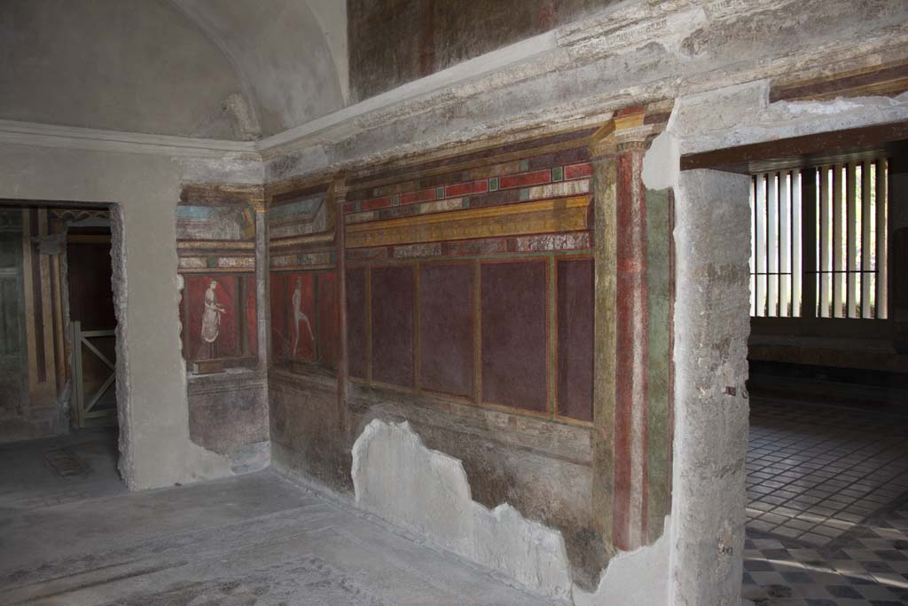 Villa of Mysteries, Pompeii. May 2010. Room 4, wall painting of a dancing satyr, on south wall.