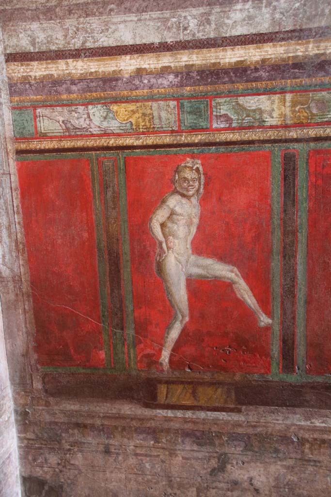 Villa of Mysteries, Pompeii. October 2001. Room 4, dancing satyr on south wall.
Photo courtesy of Peter Woods.
