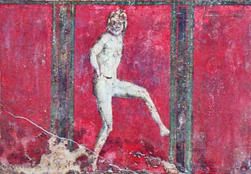 Villa of Mysteries, Pompeii. May 2015. Room 4, painting on upper south wall.
Photo courtesy of Buzz Ferebee.
