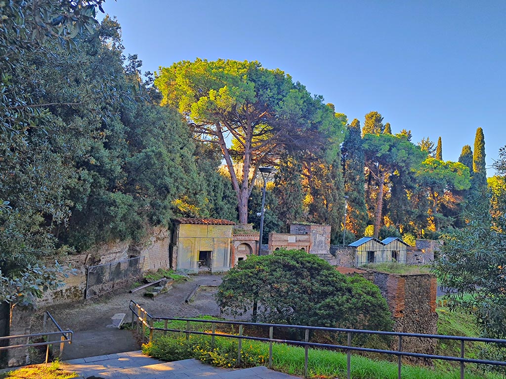 Via delle Tombe, October 2024. 
Looking south, with surge layers on left, and tomb 19ES. centre left. Photo courtesy of Giuseppe Ciaramella.
