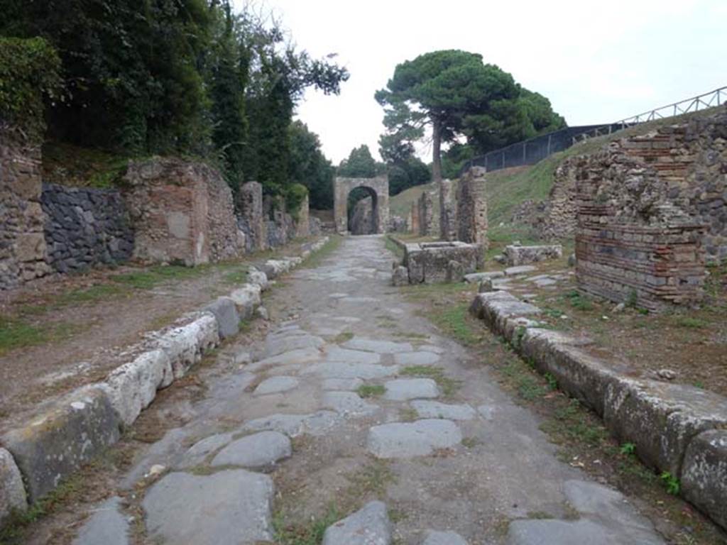 Via di Nola, September 2011. 
Looking east towards IV.5 and III.11, and towards crossroads with unexcavated unnamed vicolo. Photo courtesy of Michael Binns.


