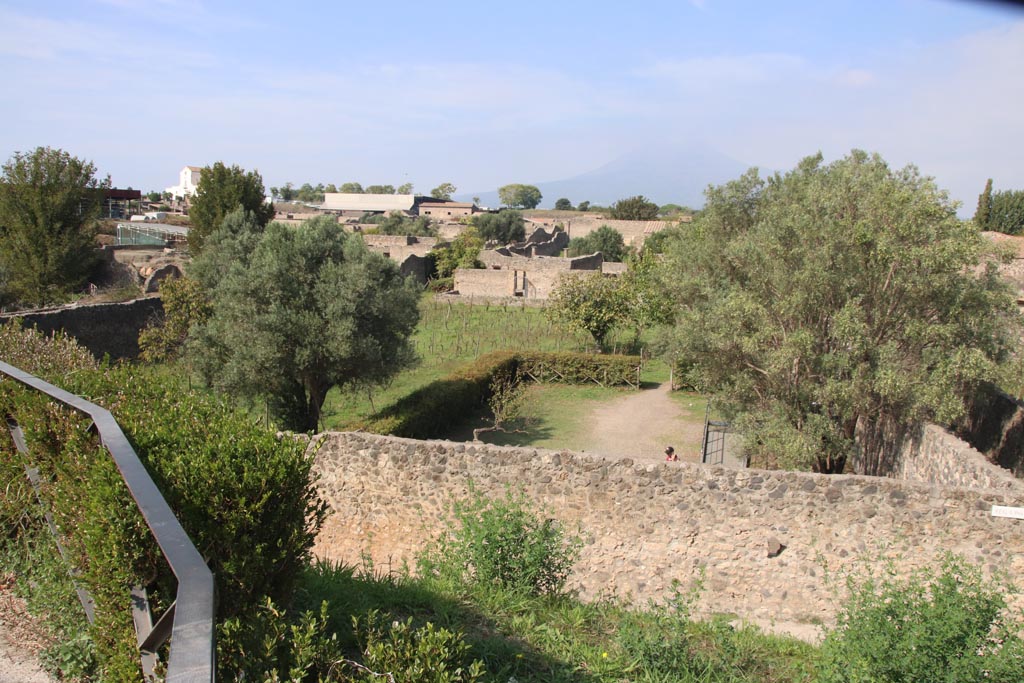 Garden of Fugitives at I.21/6, Pompeii. October 2023. 
Looking north across garden, with Vicolo dei fuggiaschi, on right. Photo courtesy of Klaus Heese.
