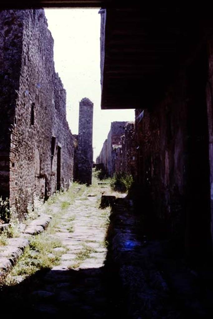 Vicolo del Balcone Pensile between VII.10 and VII.12. 1978.  Looking west from near VII.12.28. Photo by Stanley A. Jashemski.   
Source: The Wilhelmina and Stanley A. Jashemski archive in the University of Maryland Library, Special Collections (See collection page) and made available under the Creative Commons Attribution-Non Commercial License v.4. See Licence and use details. J78f0103

