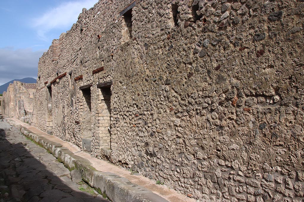 Vicolo di Tesmo, Pompeii. October 2024. 
Looking north along Insula 6 on east side of Vicolo di Tesmo, with IX.6.1 in centre. Photo courtesy of Klaus Heese
