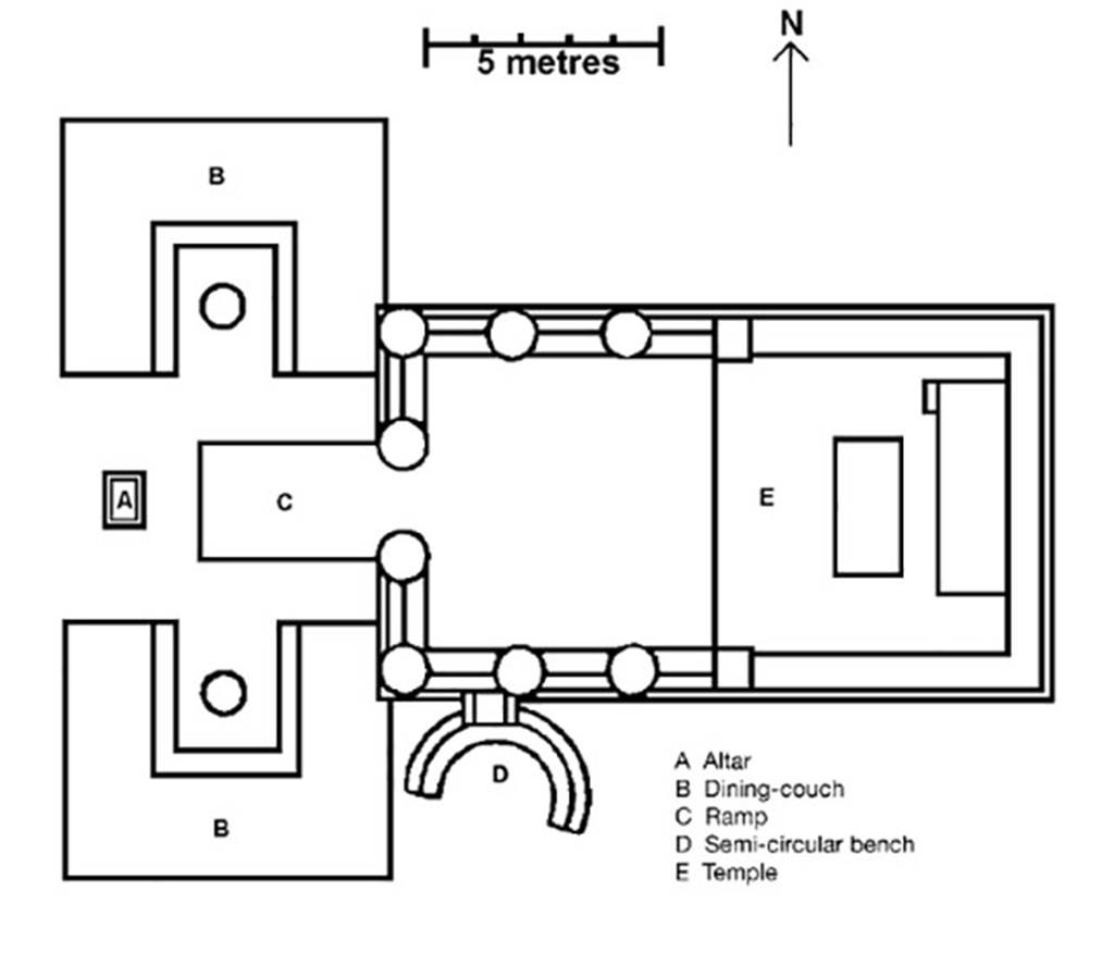 Tempio dionisiaco in località Sant’Abbondio di Pompei. Temple Plan.
A= Altar
B= North and south triclinium
C= Ramp
D= Semi-circular bench
E= Temple cella
Between C and E is the Pronaos
See Cooley, A. and M.G.L., 2004. Pompeii: A Sourcebook. London: Routledge, p. 12, fig. 1.3, A15.
See Cooley, A. and M.G.L., 2014. Pompeii and Herculaneum: A Sourcebook. London: Routledge, p. 16, fig. 1.2.
