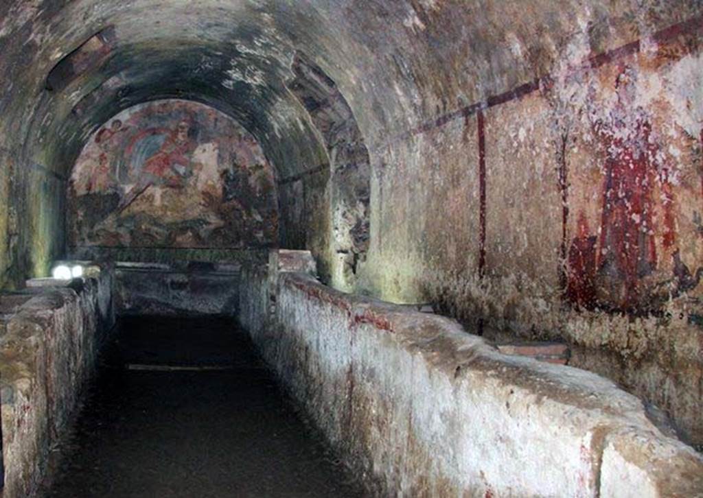 Santa Maria Capua Vetere, Mithraeum. 2011. Looking west down central aisle to painting of Mithras slaying the bull.
