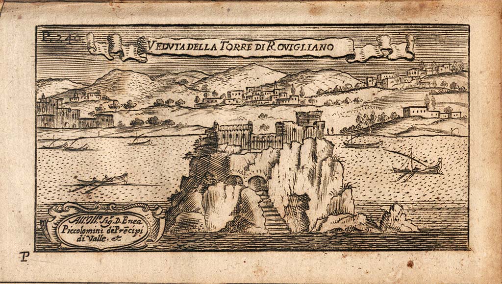 View of the tower of Rovigliano. 1727.
Veduta della Torre di Rovigliano. 1727.
See Parrino, D. A., 1727. Nuova guida de' Forastieri per l'antichità curiosissime di Pozzuoli et al. Napoli: Buono, p. 244.

