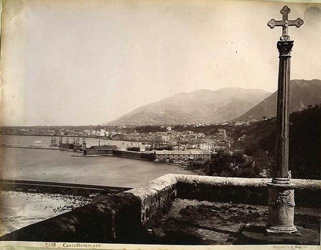 Stabiae Temple of Diana. Late 19th century Giorgio Sommer photograph of white marble altar.
During the 18th and 19th centuries the altar was used to support a Corinthian column at the top of which was a cross. 
This was located in a panoramic position on the old Sorrento road. 
It suffered considerable exposure to sea air, oxidisation and vandalism before being replaced by a resin copy and the original removed and restored.
This can be seen on the cover of “Pompei tra Sorrento e Sarno” in a position overlooking Castellammare di Stabia.
There is also a photo c.2001, on the inner front leaf, showing it still in situ and covered in graffiti, taken by M. Russo.
See Comitato per gli Scavi di Stabia. “Pompei tra Sorrento e Sarno”, Rome: Bardi Editore, 2001.
See Pagano M., 2003 in Rivista di Studi Pompeiani XIV. Roma: L’Erma di Bretschneider. p. 349-351, figs. 6-8.

