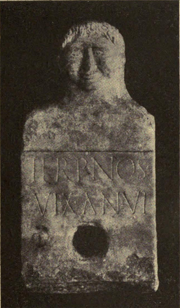 Pompeii Fondo Azzolini. Tomb 1. Herm of Terpnos.
Columella, Single burial. Burial of a slave.
In the tomb the herm was elevated from the middle of a low rectangular masonry enclosure, width 0.56m. by 0.87m.
Inscribed 
TERPNOS
VIX AN VI 

Terpnos
vix(it) an(nis) VI
See Notizie degli Scavi di Antichità, 1916, p. 299, fig. 14, p. 303, t1.
