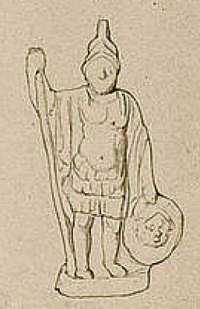 HGE08 Pompeii. Drawing of terracotta statue of Mars found on 29th December 1837 on the floor of the grave chamber. Now in Naples Archaeological Museum.  Inventory number 20385. See Kockel V., 1983. Die Grabbauten vor dem Herkulaner Tor in Pompeji. Mainz: von Zabern. (p. 152-3, Taf. 54b). See Von Rohden, H., 1880. Die Terracotten von Pompeji. Stuttgart: Spemann. (plate 38,3).