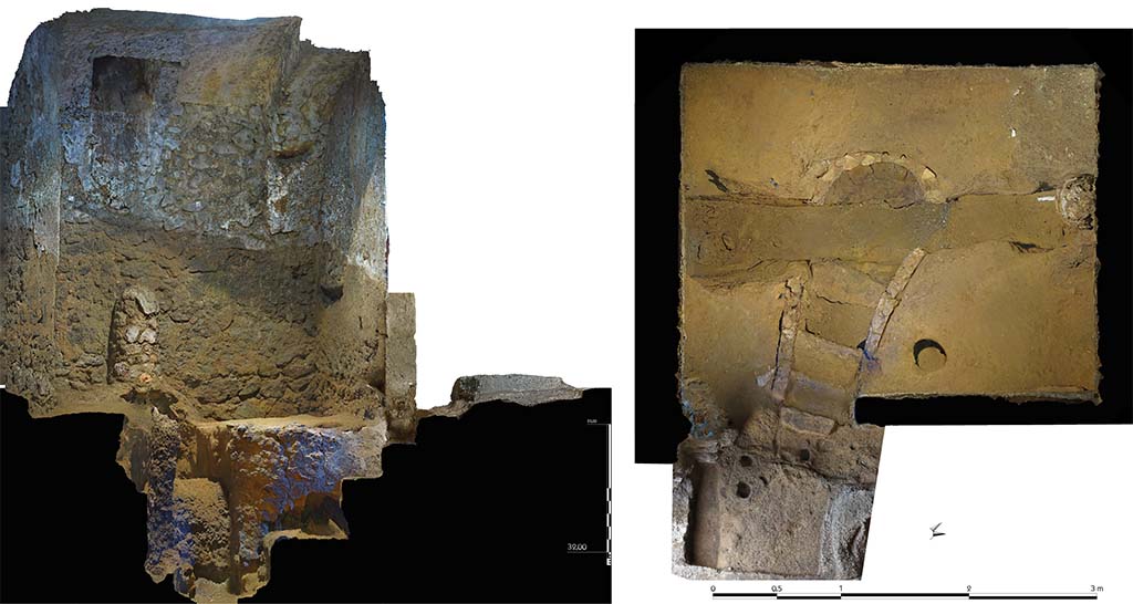 Fig. 22 – Boutique N20. Coupe et relevé en plan photogrammétriques de la probable fosse de coulée.
Échelle : 1/20.
Photogrammétrie : S. Zanella / N. Monteix-EFR.
