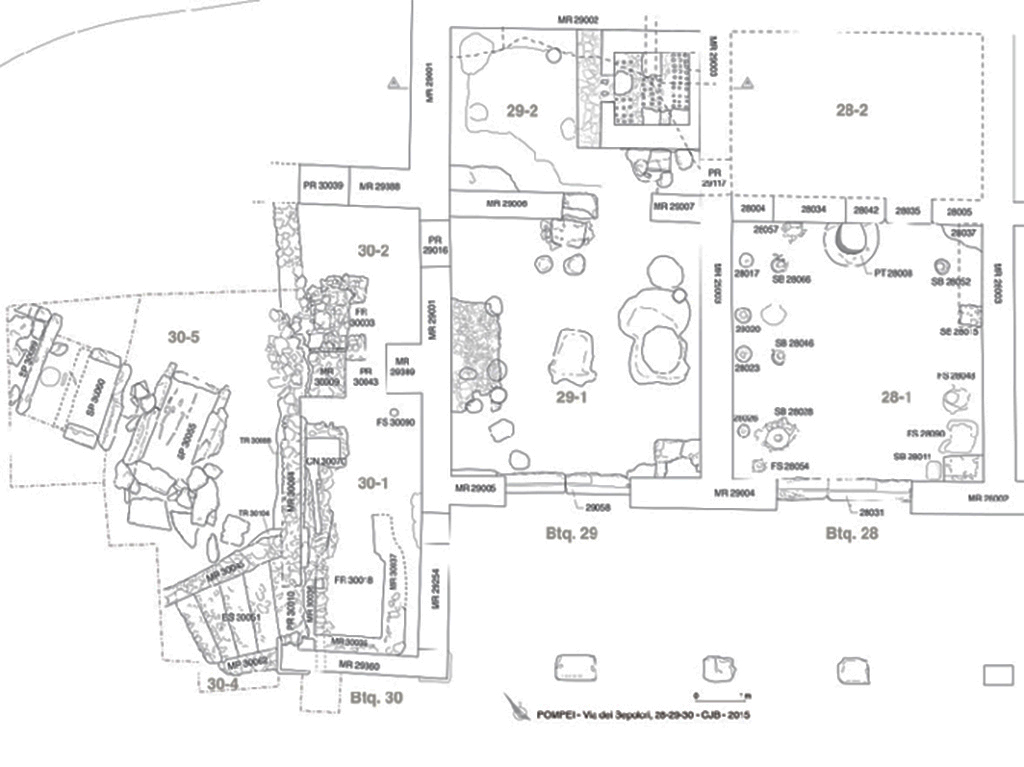 Plan of the potter's workshop (shops N28-N30) and burials (1:50th). G. Chapelin, B. Lemaire – CJB/EFR/CNRS - CC BY-NC-ND 4.0

Plan de l’atelier de potier (boutiques N28-N30) et des sépultures (1 : 50e). G. Chapelin, B. Lemaire – CJB/EFR/CNRS - CC BY-NC-ND 4.0

See Pompéi, Porta Ercolano : organisation, gestion et transformations d’une zone suburbaine : Campagne 2015, fig. 15. CEFR 1581
