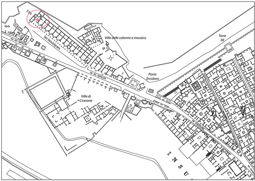 Fig. 1 - Pompi. Plan des boutiques situes le long de la via dei sepolcri.
Daprs A. Van der Poel, Corpus Topographicum Pompeianum: The Rica maps of Pompeii, 1983.
