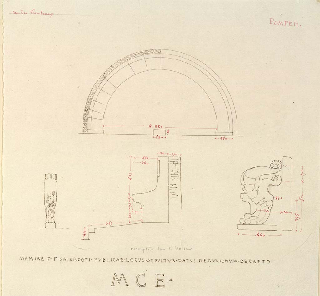 HGW04 Pompeii. Drawing by Chenavard of the schola seat of Mamia.
See Chenavard, Antoine-Marie (1787-1883) et al. Voyage d'Italie, croquis Tome 3, pl. 74.
INHA Identifiant numérique : NUM MS 703 (3). See Book on INHA 
Document placé sous « Licence Ouverte / Open Licence » Etalab   
