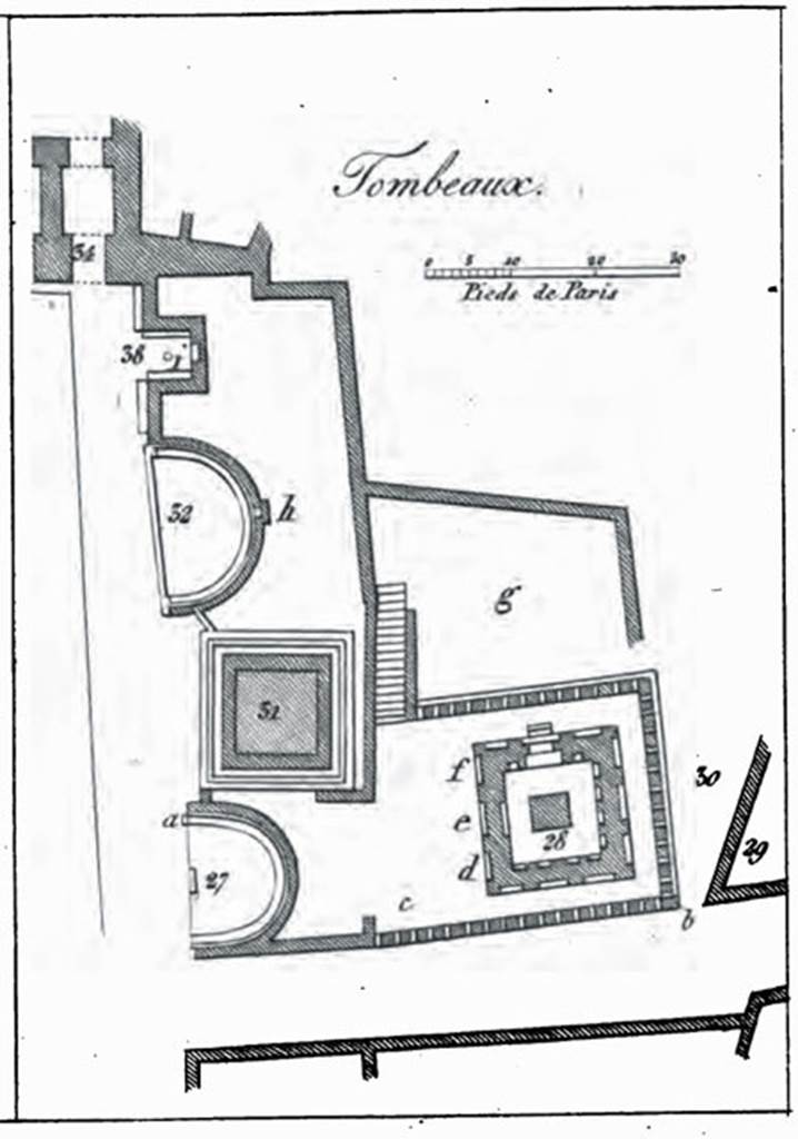 HGW04a Pompeii. 1836 plan by De Jorio. According to De Jorio the top of the monument was entirely ruined.  On it were found pieces of columns which held up a circular cornice.  There were 6 statues, three of men, each in a toga and three of women, each wearing a pallium (Greek cloak). In the centre rose a square structure that would hold the main urn. 
There were 11 niches in the tomb. Eleven cippi were found outside at c, d and f. See De Jorio, A., 1836. Guida di Pompei.  Napoli: Fibreno. (pl. II).