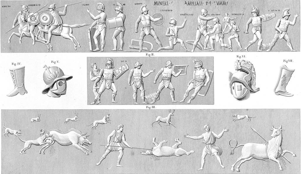 HGW17 Pompeii. About 1824. Drawing by Mazois of the Gladiator reliefs.
A painted inscription along the top of one of the scenes: MVNERE .. TI AMPLIATI DIE SVMMO: indicates that the gladiatorial show thus commemorated was given by Numerius Festius Ampliatus. [CIL IV 1182]
Beside each gladiator was painted his name, school, and number of previous combats, as in a programme; and letters were added to give the result of this fight.
In the first group, the first pair of gladiators on the left hand represents an equestrian combat. Both wear helmets with visors, which cover the whole face, and are armed with spears and round bucklers. 
In the second pair the gladiator on the left has been wounded; he has let fall his shield, and is imploring the mercy of the people by raising his hand toward them. His antagonist stands behind him waiting the signal of the people. The one on the left appears to be a mirmillo, and the one on the right, with an oblong shield (scutum), a Samnite. 
The third pair consists of a Thracian and a mirmillo, the latter of whom is defeated. 
The fourth group consists of four figures; two are secutores and two retiarii. The secutor on his knee appears to have been defeated by the retiarius behind him, but as the fuscina is not adapted for producing certain death, the other secutor is called upon to do it. The retiarius in the distance is probably destined to fight in his turn with the surviving secutor. 
The fifth pair are a mirmillo and a Samnite; the latter is defeated. 
In the second group two combats are represented. In the first a Samnite has been conquered by a mirmillo; the former is holding up his hand to the people to implore mercy, while the latter apparently wishes to become his enemy's executioner before receiving the signal from the people; but the lanista holds him back. In the other combat a mirmillo is mortally wounded by a Samnite. 
See Smith, W., 1875. A Dictionary of Greek and Roman Antiquities. London: John Murray. (p. 574-7).
See Mazois, F., 1824. Les Ruines de Pompei: Premiere Partie. Paris: Didot Freres. (p. 47-8, T: XXXII).

According to Epigraphik-Datenbank Clauss/Slaby (See www.manfredclauss.de) all these inscriptions are:

Munere [N(umeri) Fes]ti Ampliati die summo 
Bebryx Iul(ianus) |(pugnarum) XV v(icit)
Nobilior Iul(ianus) |(pugnarum) XIV
[3] Iul(ianus) |(pugnarum) XVI
[3 pugnarum X]IV m(issus) e(st)
[3] Iul(ianus) |(pugnarum) XXX v(icit)
[3]sus Iul(ianus) |(pugnarum) XV m(issus) o(biit)
Hippolytus I[ul(ianus?)] |(pugnarum) V v(icit)
Ce[l]atus Iul(ianus) |(pugnarum) VI
Nedymus Iul(ianus) |(pugnarum) V [3]
[3]p[3] Iul(ianus) |(pugnrum) XV m(issus
[3] Iul(ianus) |(pugnarum) IV [                                               [CIL IV 1182]

According to Kockel, Numerius Festius Ampliatus may not have been simply the organiser of the games but this was actually his grave.
See Kockel V., 1983. Die Grabbauten vor dem Herkulaner Tor in Pompeji. Mainz: von Zabern. (p. 83).

