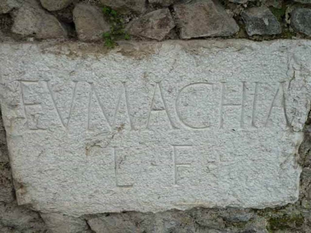 Pompeii Porta Nocera Tomb 11OS. May 2010.  The plaque on the front wall to the east containing the inscription EVMACHIA  L  F.
