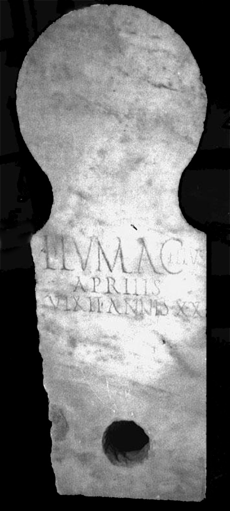 Pompeii Porta Nocera. Tomb 11OS. Columella of Lucius Eumachius Aprilis.

L(ucius) EVMACHIVS
APRILIS
VIX(it) ANNIS XX.

Lucius Eumachius Aprilis lived 20 years.
