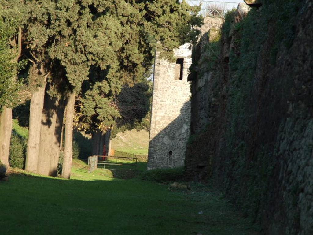 T11 Pompeii. Tower XI. December 2006. Looking east along city walls from near Herculaneum Gate. 