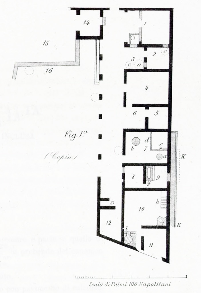 Gragnano, Petrellune (?). La villa scoperta allOgliaro. Plan.
See Ruggiero M., 1881. Degli scavi di Stabia dal 1749 al 1782, Naples. Taf. X, fig. 1. 
