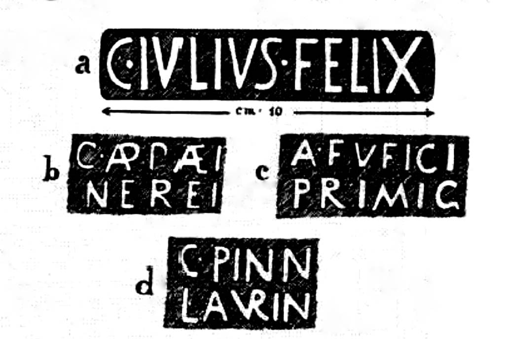 Domicella. Villa rustica romana. 1929. Drawings of dolia stamps from Villa rustica at Domicella, Nola.
See Notizie degli Scavi di Antichit, 1929, p.202, fig. 3.
