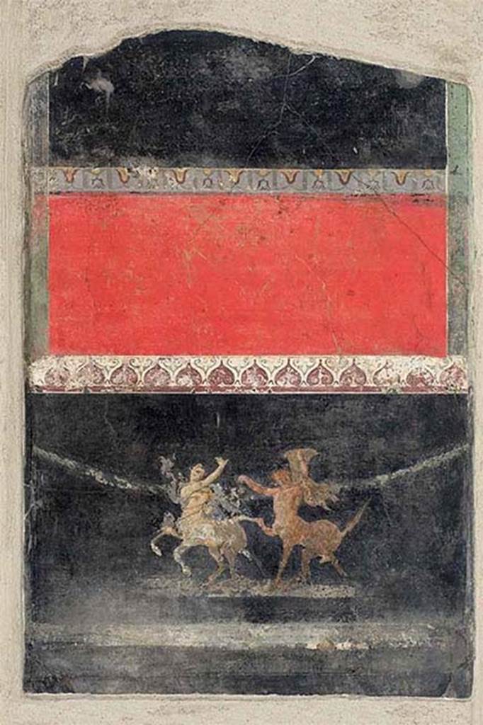 Stabiae, Secondo Complesso. Room 13, fresco of lower part of a wall and zoccolo.
In the lowest part are two dancing centaurs, a female on the left and a male on the right.
SAP inventory number 64264.
