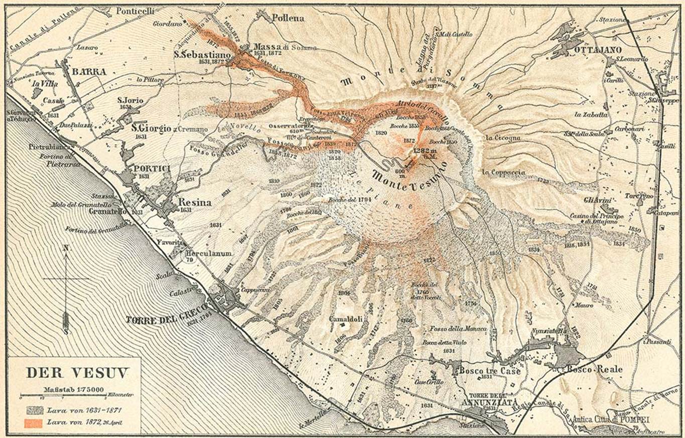 Vesuvius Eruptions, lava flows from 1631 to 26 April 1872. From Meyers Konversations-Lexikon 1885. 
Click here for a Larger resolution version or click on the photograph.
