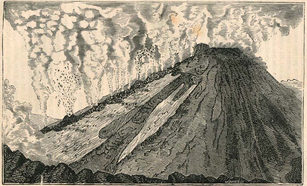 Vesuvius Eruption, late 1850s. Stereoview by Alphonse Bernoud, inscribed on the back “Eruzione del Vesuvio”.
Faintly visible on the top is a building, the shape of which suggests it is the Reale Osservatorio Vesuviana.
Photo © Victoria and Albert Museum, London, inventory number E.1414-1992.

