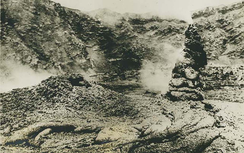 Vesuvius. 1st August 1930 press photo. New crater formed on Vesuvius. Photo courtesy of Rick Bauer.
On the rear of the photo it says:
“New crater formed on Vesuvius.
An observer from the Mt. Vesuvius observatory examining the lava of the new crater recently formed by violent eruptions of Mount Vesuvius which were followed by earthquakes which took a toll of more than 15,000 lives”.

