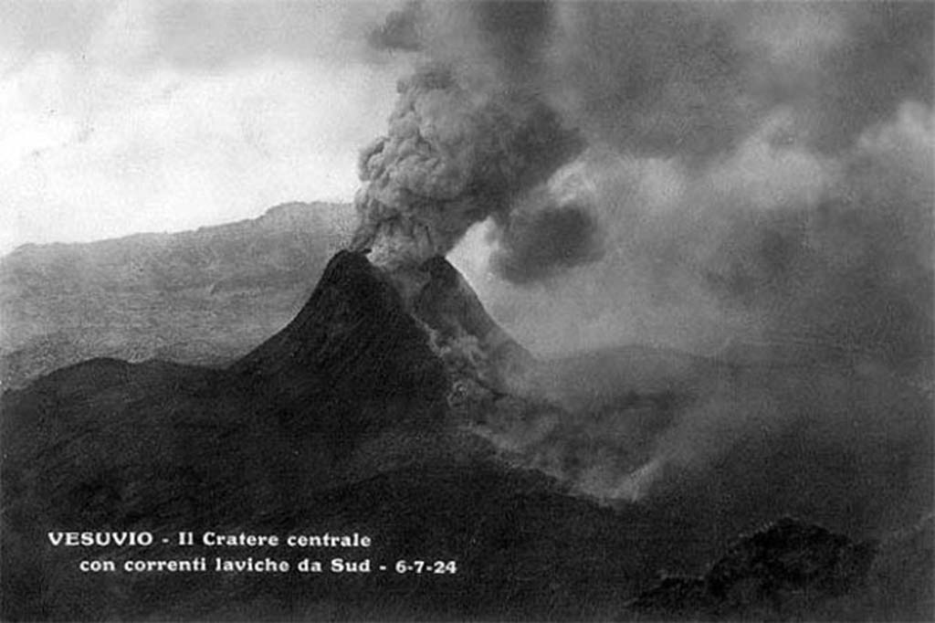 Vesuvius eruption 6th July 1924, Old postcard showing central crater with lava flows from the south.