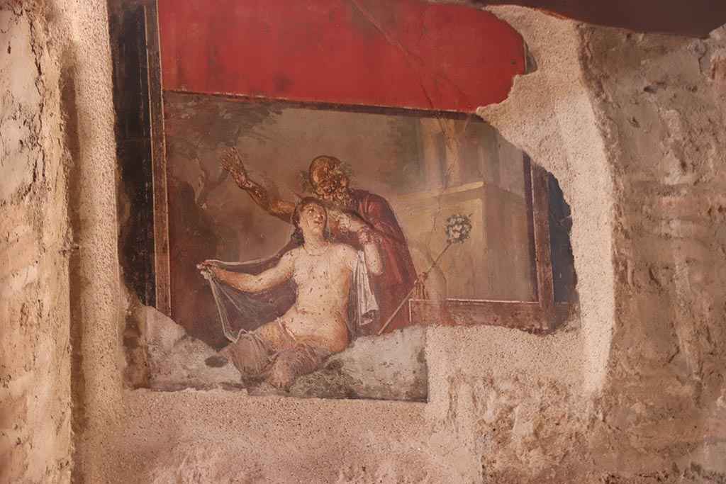 VI.15.1 Pompeii. October 2024. Wall painting on pilaster on west side of entrance doorway, on south wall. Photo courtesy of Klaus Heese.