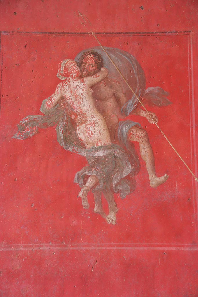 VI.15.1 Pompeii. October 2024. 
Detail from west wall at north end. Photo courtesy of Klaus Heese.
