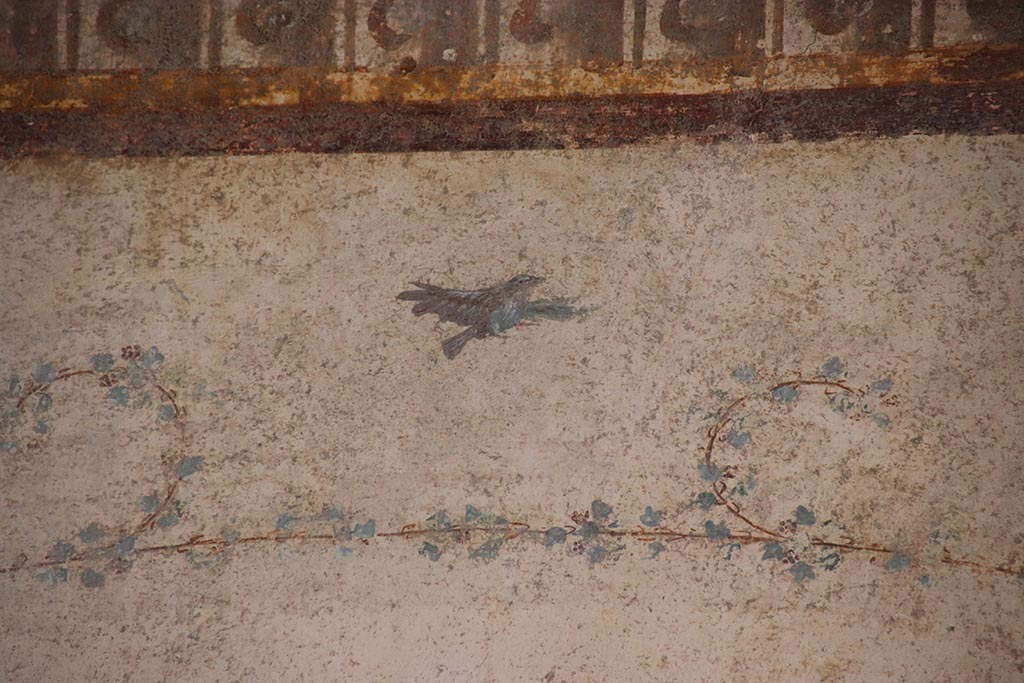 VI.15.1 Pompeii. October 2024. Cubiculum g, detail from upper north wall panel at west end. Photo courtesy of Klaus Heese.