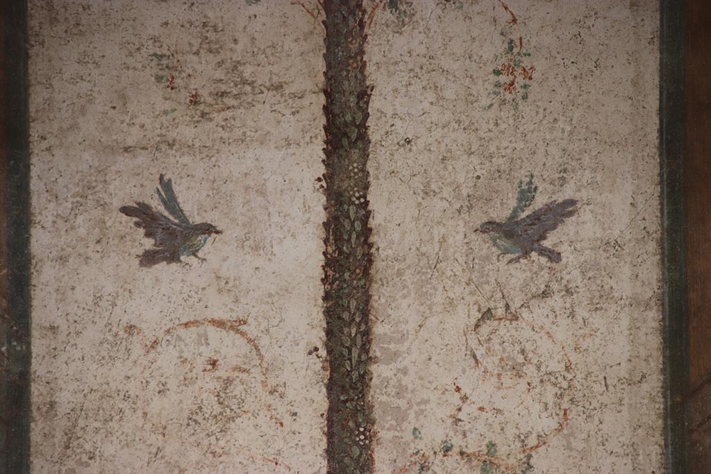 VI.15.1 Pompeii. October 2024. 
Cubiculum g, detail of painted bird decoration on central panel from north wall. Photo courtesy of Klaus Heese.
