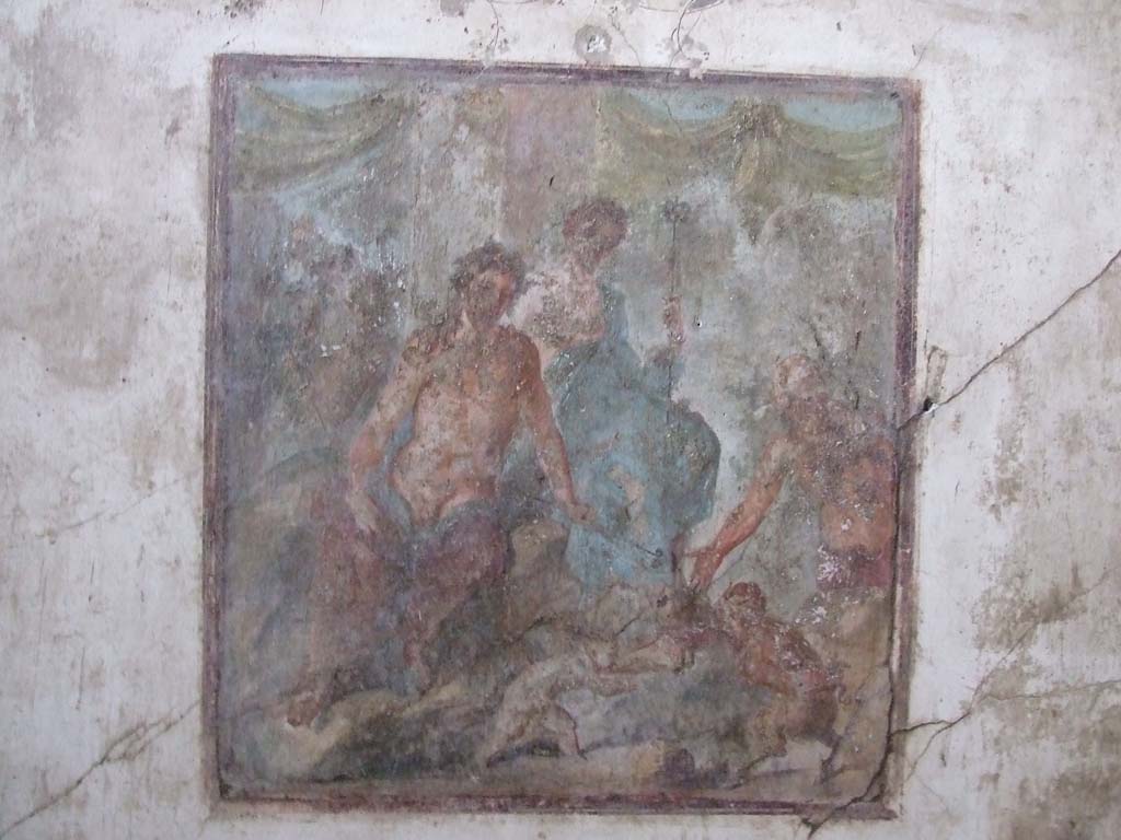 VI.15.1 Pompeii. December 2006. Oecus on south side of atrium with wall painting showing the fight between Eros and Pan.