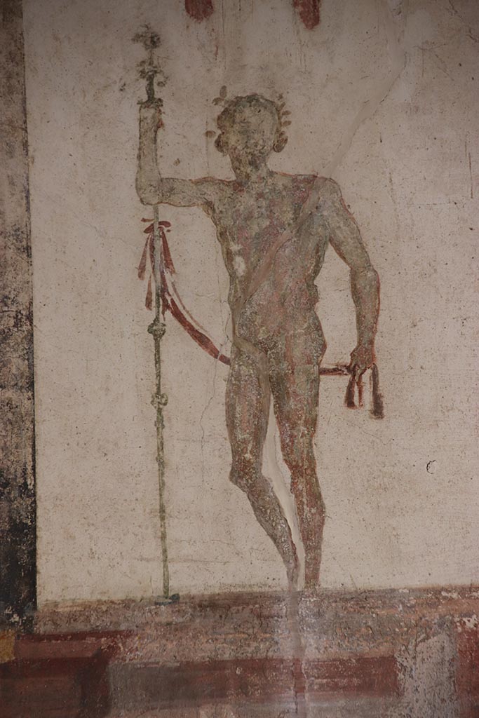 VI.15.1 Pompeii. October 2024. 
Detail of figure from upper west wall at south end. Photo courtesy of Klaus Heese.
