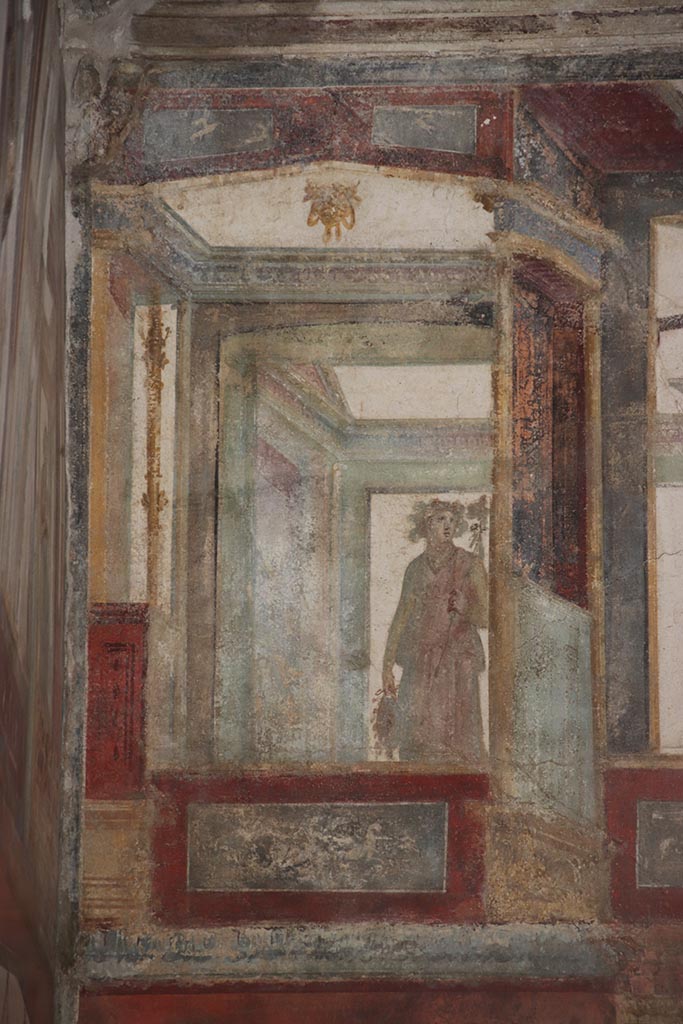 VI.15.1 Pompeii. October 2024.
Upper east wall of exedra, detail from north end. Photo courtesy of Klaus Heese.
