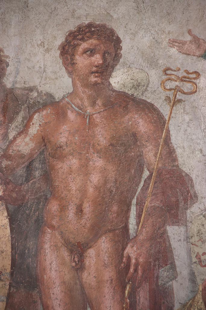 VI.15.1 Pompeii. October 2024. 
Detail of Mercury with his caduceus from central panel on north wall. Photo courtesy of Klaus Heese.
