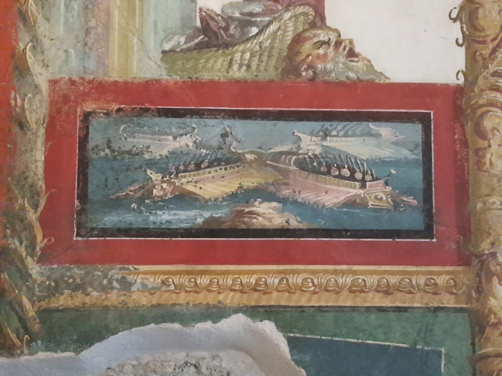 VI.15.1 Pompeii. January 2023. Painted panel of naval scene from south wall of exedra. Photo courtesy of Miriam Colomer.